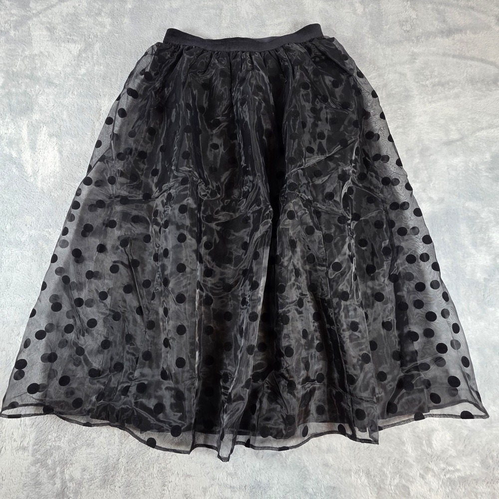 J.Crew Women XSP Black Polka Dot Organza Midi Skirt Velvet Flocked Petite